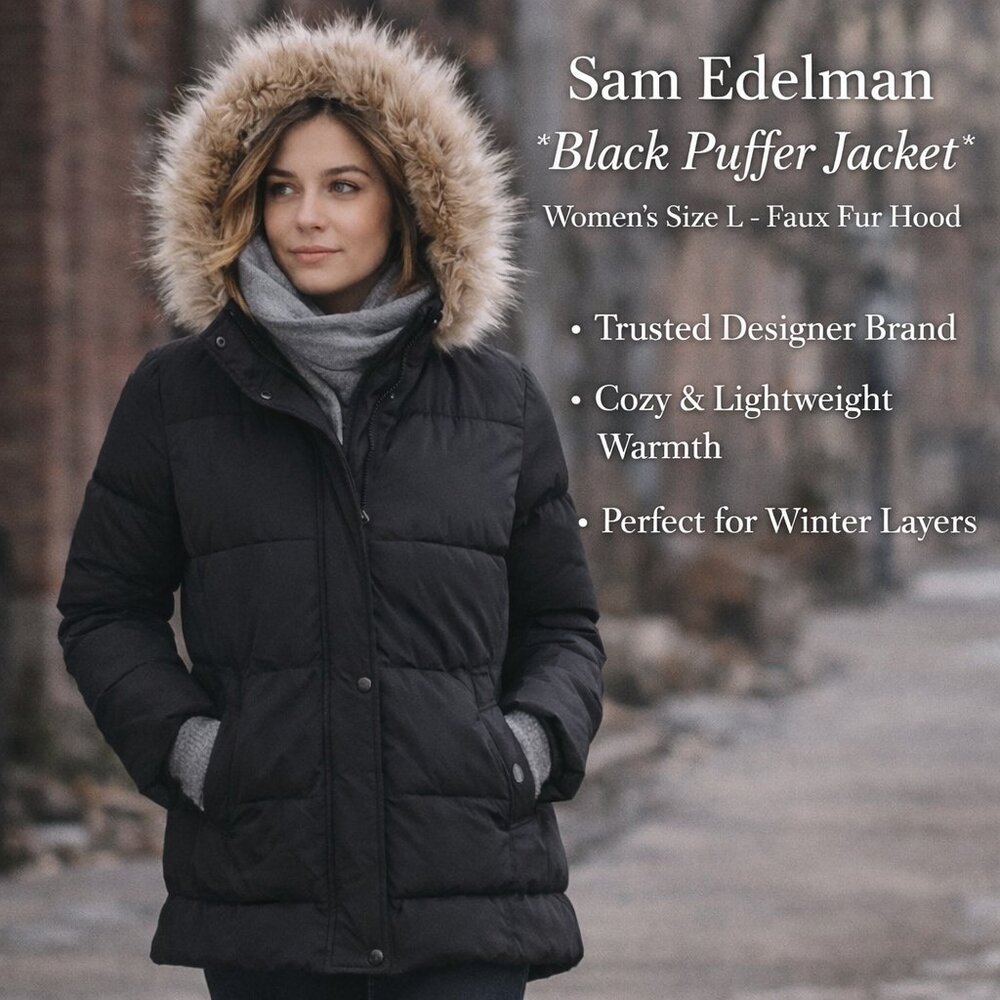 Sam Edelman Jacket SZL Womens Black Puffer Coat with Faux Fur Hood Comfortcore